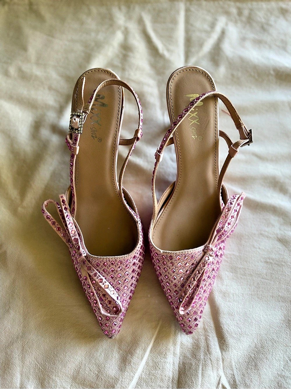 Mixx Shuz Pink Embellished Pointed-Toe Slingback Heels